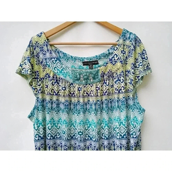 Maddie Leigh Women's Green, Blue, Yellow Rhinestone Shift Dress Sz  22W - Picture 4 of 6